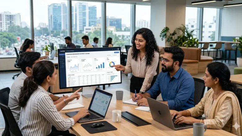 "Indian professionals working with JustAd’s AI-powered platform for digital advertising."