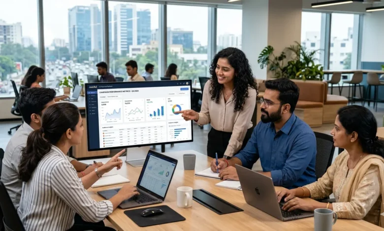 "Indian professionals working with JustAd’s AI-powered platform for digital advertising."