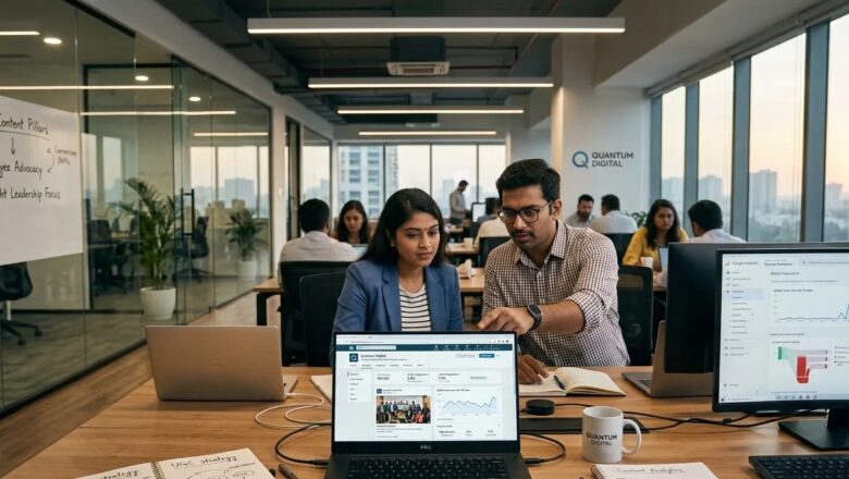 Indian marketing professionals discussing LinkedIn algorithm strategy in office workspace
