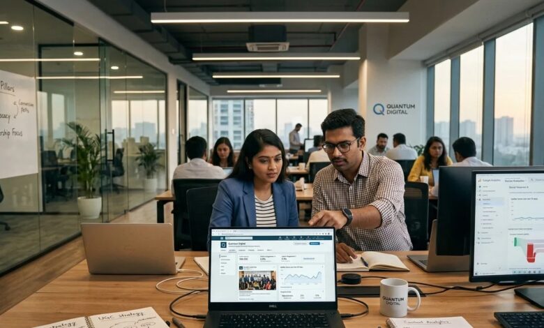 Indian marketing professionals discussing LinkedIn algorithm strategy in office workspace