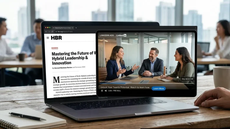 Professional LinkedIn BrandLink video ad placed alongside premium publisher content.