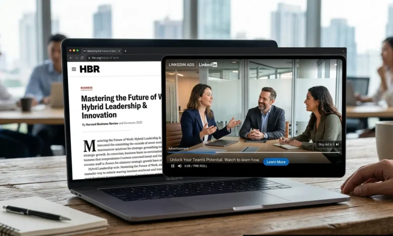 Professional LinkedIn BrandLink video ad placed alongside premium publisher content.