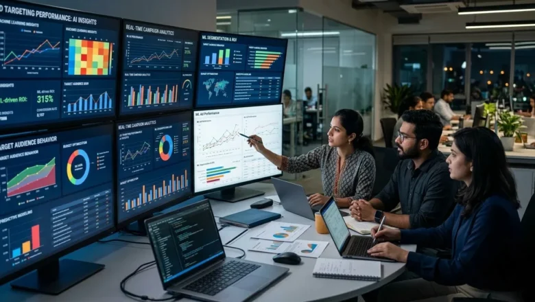 Indian marketing analysts analyzing AI-powered ad targeting dashboards.