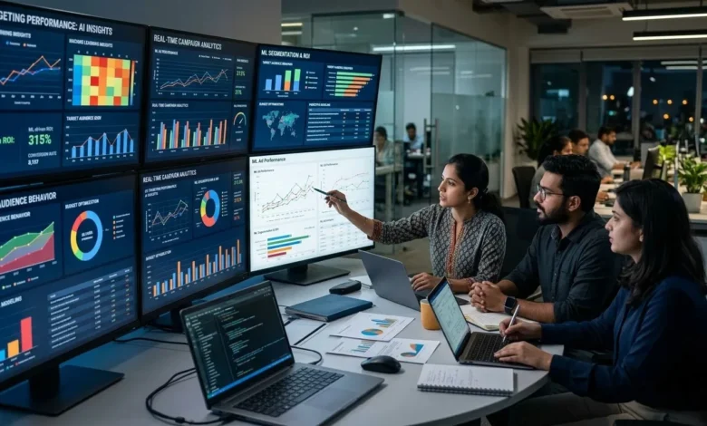 Indian marketing analysts analyzing AI-powered ad targeting dashboards.