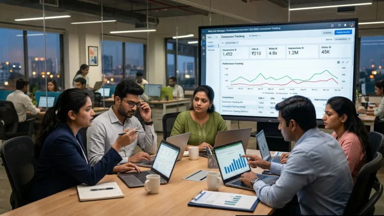 Indian marketing team analyzing Meta conversion tracking data in Ads Manager dashboard