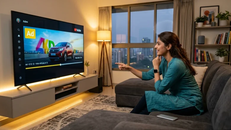 “Indian professional watching YouTube on smart TV with 30-second unskippable ad playing”