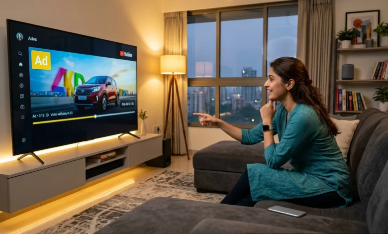 “Indian professional watching YouTube on smart TV with 30-second unskippable ad playing”
