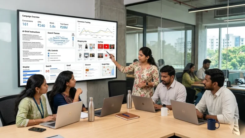 Indian marketing team reviewing AI-Brief in Google Ads and Performance Max strategy