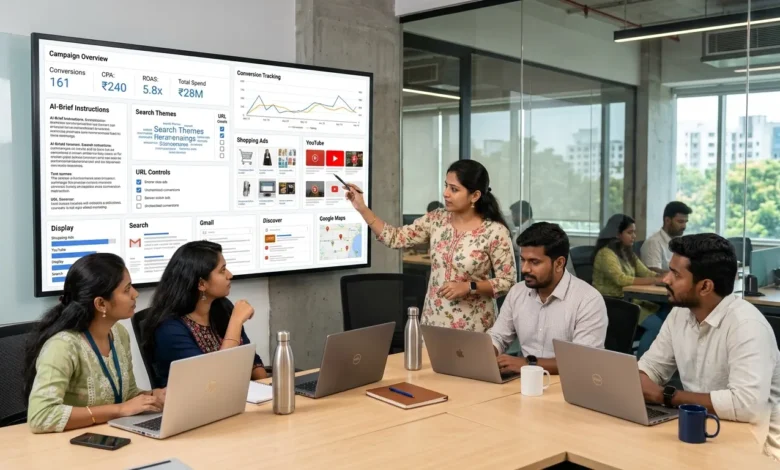 Indian marketing team reviewing AI-Brief in Google Ads and Performance Max strategy