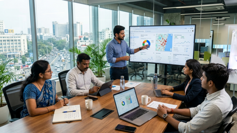 Indian marketing team analyzing Google Business Profile performance in modern Chennai office