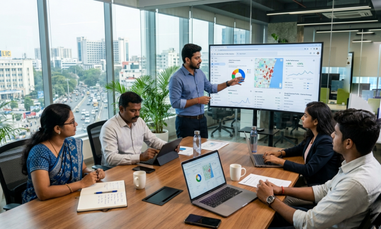 Indian marketing team analyzing Google Business Profile performance in modern Chennai office