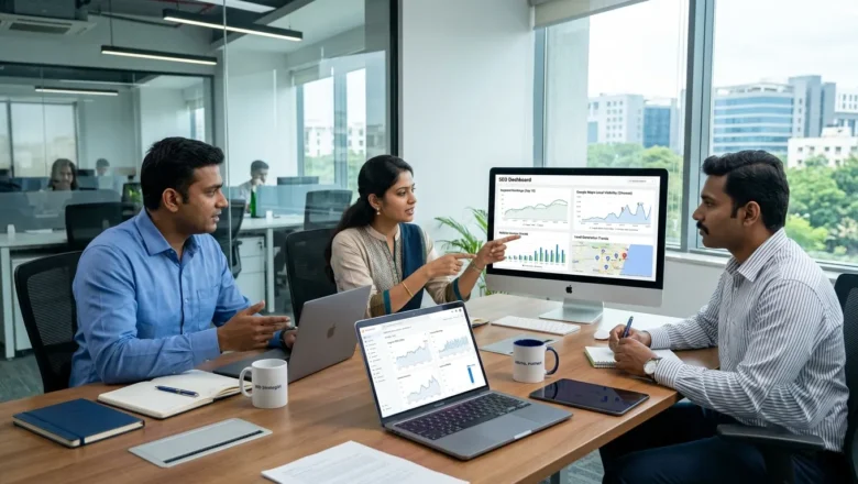 Indian business professionals in a modern Chennai workspace discussing SEO services, website performance, and online visibility metrics