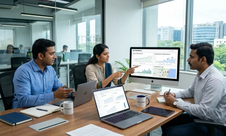 Indian business professionals in a modern Chennai workspace discussing SEO services, website performance, and online visibility metrics