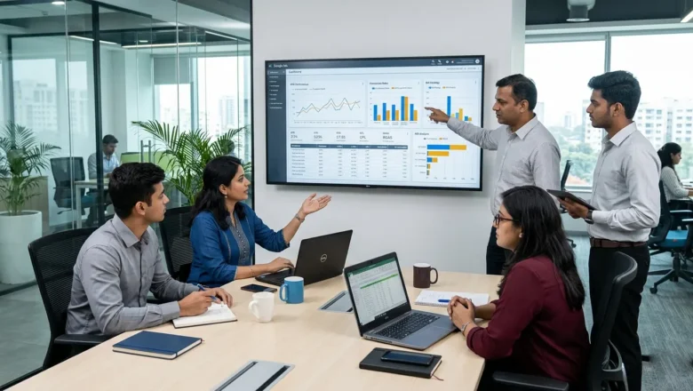 Indian digital marketing team reviewing Google Ads Results Tab campaign performance