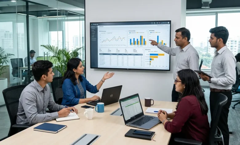 Indian digital marketing team reviewing Google Ads Results Tab campaign performance