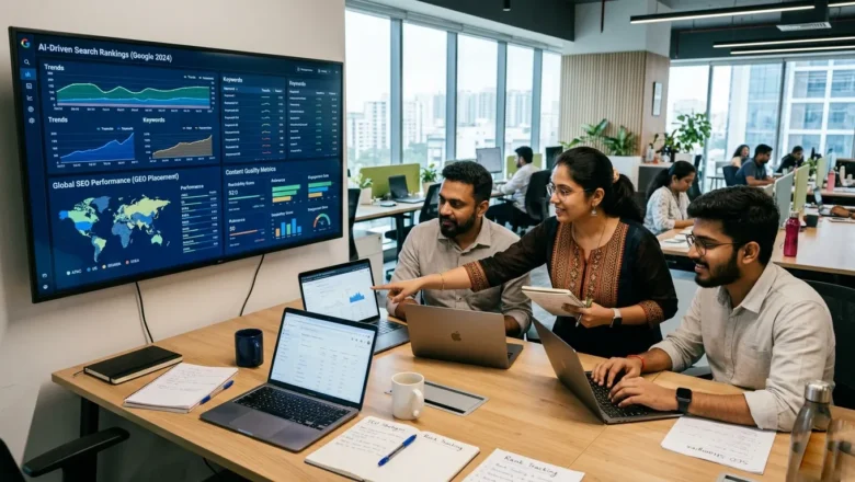 Indian SEO team analyzing Google 2026 algorithm and GEO optimization dashboards