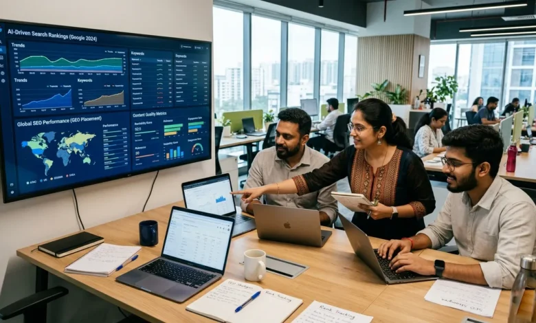 Indian SEO team analyzing Google 2026 algorithm and GEO optimization dashboards