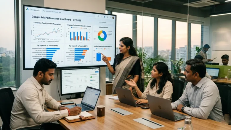 Indian PPC team reviewing AI Max and Google Ads campaign performance dashboard