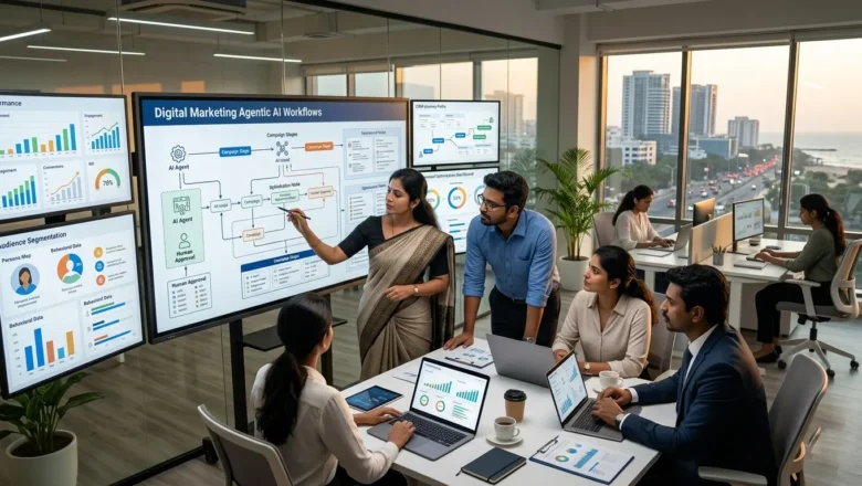 Indian marketing team reviewing Agentic AI Marketing 2026 workflows, campaign dashboards, and AI agent automation systems.