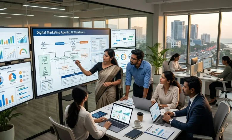 Indian marketing team reviewing Agentic AI Marketing 2026 workflows, campaign dashboards, and AI agent automation systems.