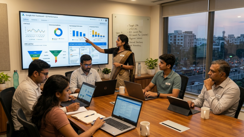 Indian marketing team reviewing AI-powered campaign analytics and predictive insights