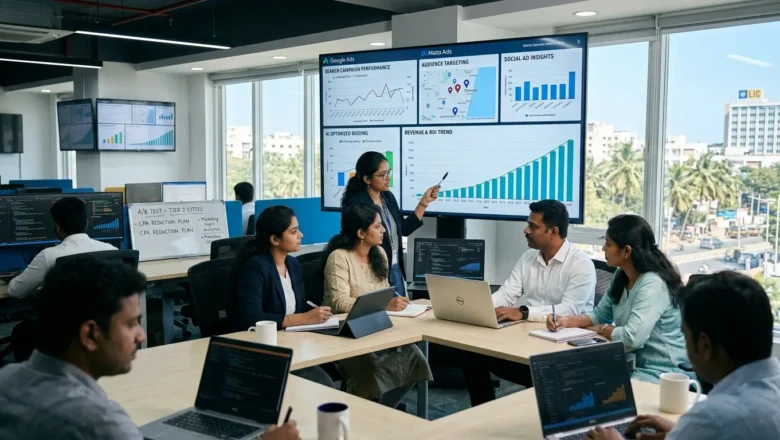 Indian marketers analyzing AI-powered digital advertising campaign dashboards