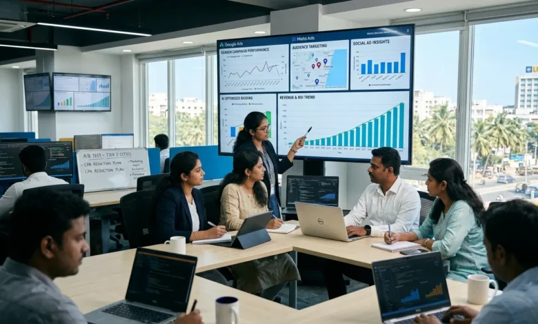 Indian marketers analyzing AI-powered digital advertising campaign dashboards