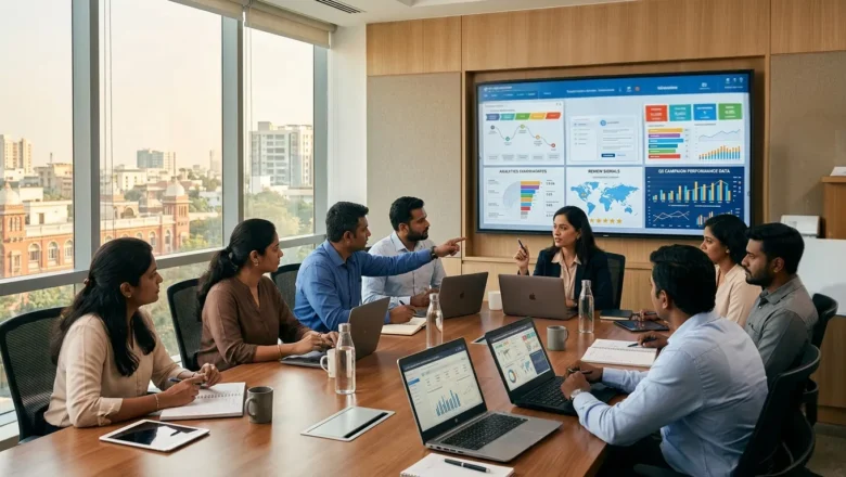 Indian marketers analysing AI search and marketing tech dashboards in a Chennai office