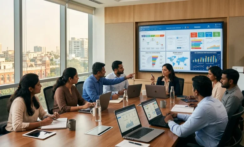 Indian marketers analysing AI search and marketing tech dashboards in a Chennai office