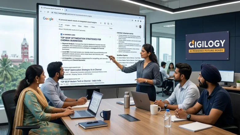 DIGILOGY team discussing Answer Engine Optimization strategies in a Chennai office conference room with a presenter explaining content optimization on a large display.