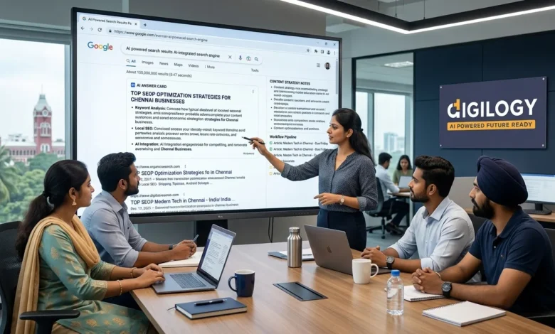 DIGILOGY team discussing Answer Engine Optimization strategies in a Chennai office conference room with a presenter explaining content optimization on a large display.