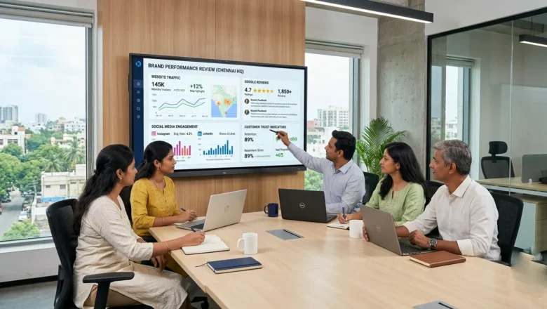 Indian professionals analysing brand trust and digital marketing performance for Chennai brands