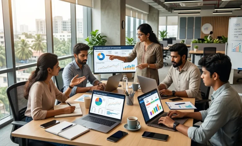 Digital marketing team in Chennai analyzing AI-driven campaigns