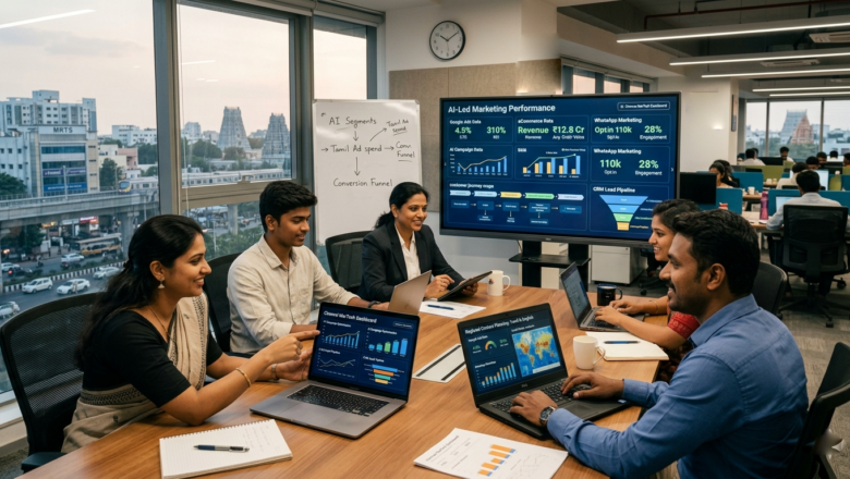 Indian marketers in Chennai reviewing MarTech dashboards, AI tools, CRM data, and digital campaign performance.