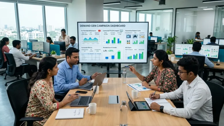 Indian marketing team reviewing Demand Gen CTV campaign performance and conversion metrics