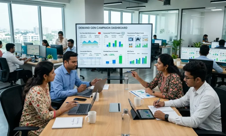 Indian marketing team reviewing Demand Gen CTV campaign performance and conversion metrics