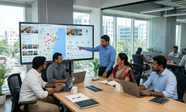 Indian professionals reviewing Google Business Profile and Ask Maps local search updates