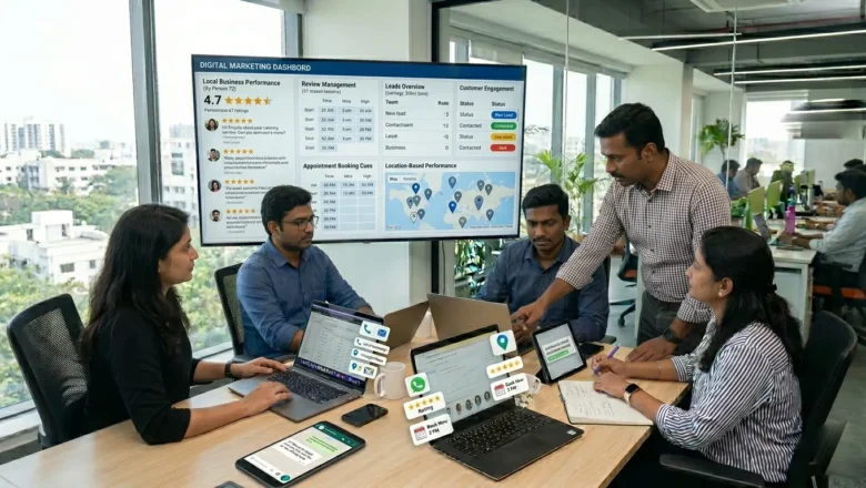 Indian business team using GBP WhatsApp Integration for local customer chats