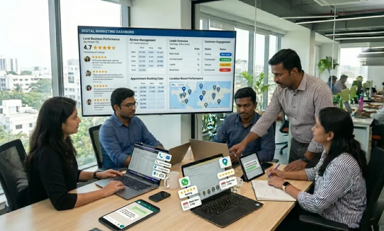 Indian business team using GBP WhatsApp Integration for local customer chats