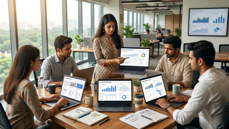 Digital marketing team analyzing Google Ads AI Max campaigns in Chennai office