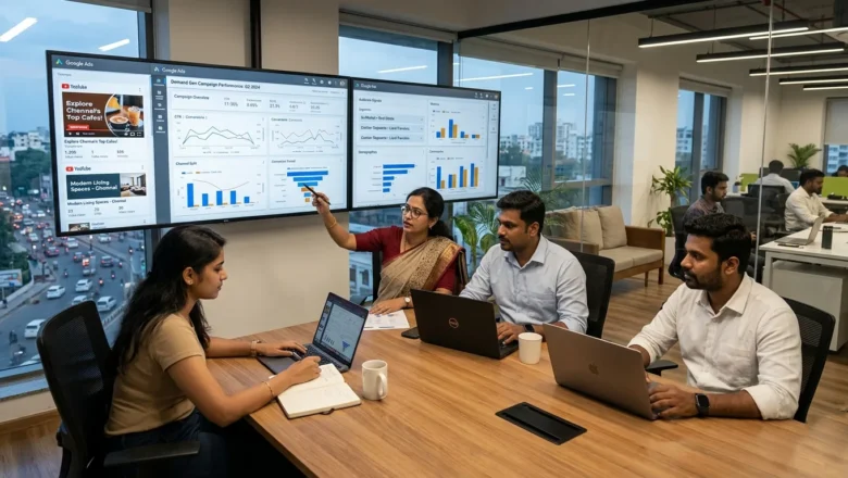 Indian performance marketers analysing Google Ads Demand Gen campaign performance in a Chennai digital marketing office