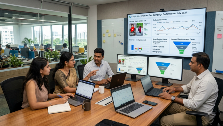 Indian marketers analysing Google Ads Demand Gen campaign performance with YouTube and Smart Bidding dashboards.