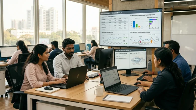 Indian digital marketing team analysing Google Ads in April 2026 with AI Max and AI Mode campaign dashboards.