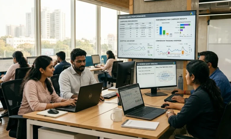 Indian digital marketing team analysing Google Ads in April 2026 with AI Max and AI Mode campaign dashboards.