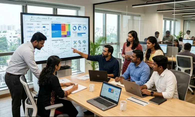 Indian marketing team analysing Google Ads intent signals and campaign performance dashboards