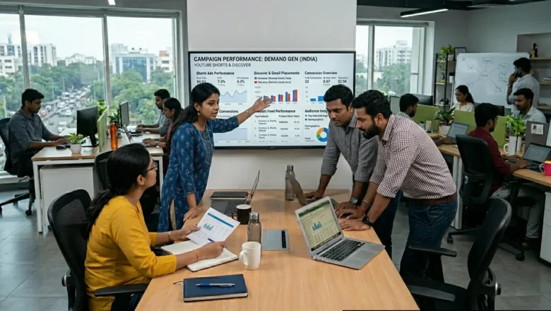 Indian marketing team reviewing Google Ads and YouTube Demand Gen campaign performance