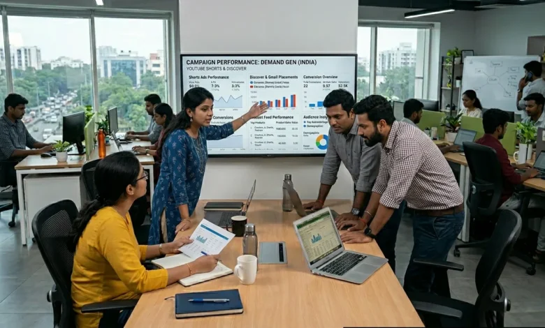Indian marketing team reviewing Google Ads and YouTube Demand Gen campaign performance