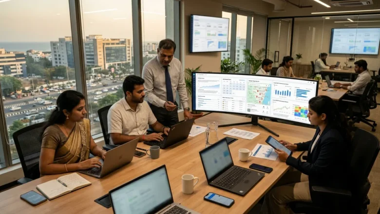 Indian marketing team managing Google Business Profile 2026 with AI Overviews, scheduled posts, and local SEO dashboards.