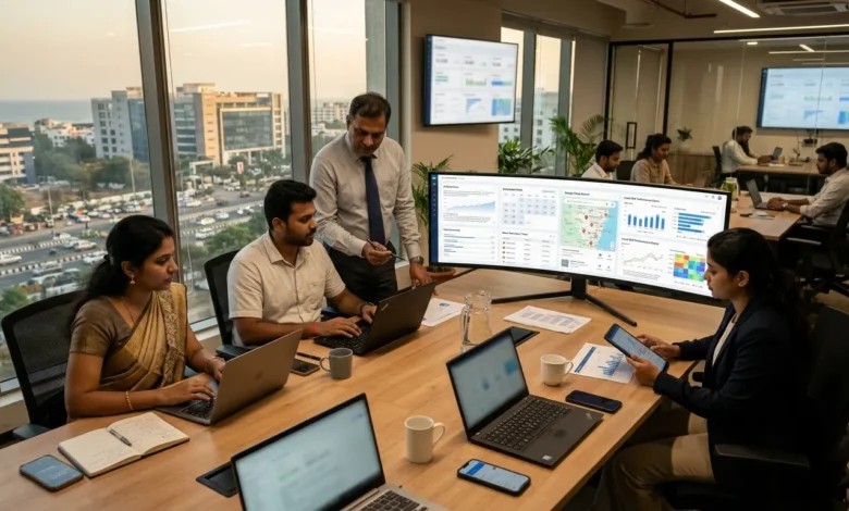 Indian marketing team managing Google Business Profile 2026 with AI Overviews, scheduled posts, and local SEO dashboards.