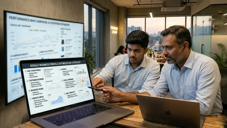 Indian business owner reviewing Google Business Profile optimization for local SEO